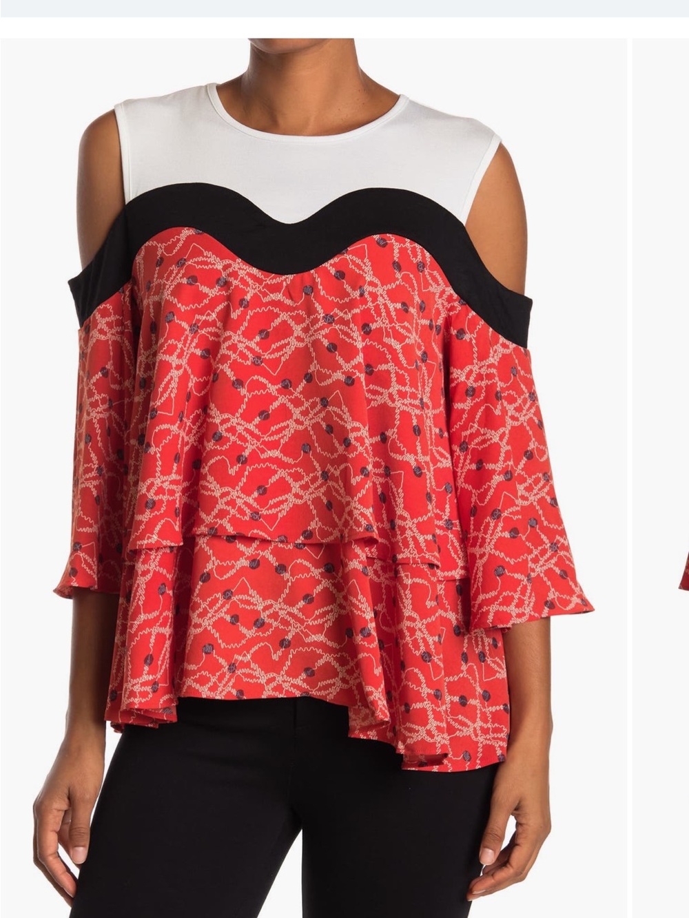 Patrizia Luca Cold-Shoulder Red Printed Layered Top